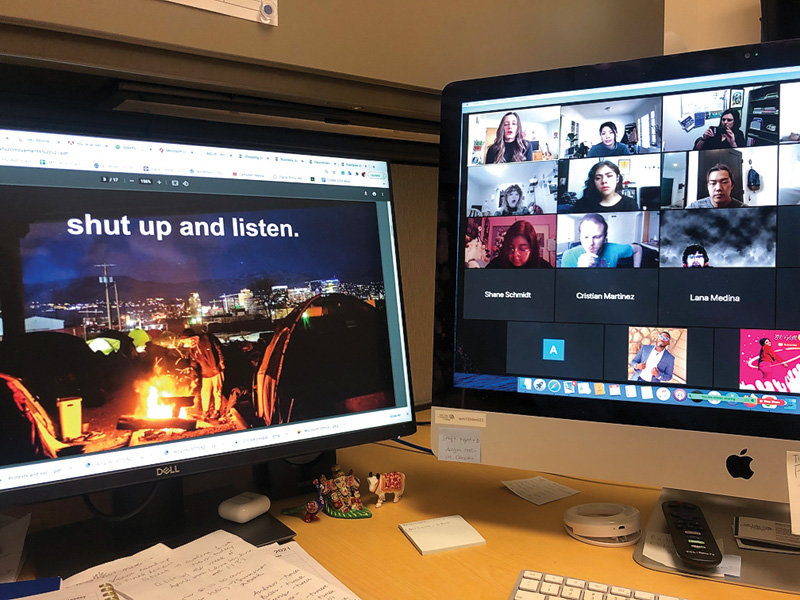 Screenshot of Zoom class session with guest lecturer Taylor Stevens, who covers politics and government for the Salt Lake Tribune. She spoke with students about issues-based reporting, focusing primarily on individuals experiencing homelessness.